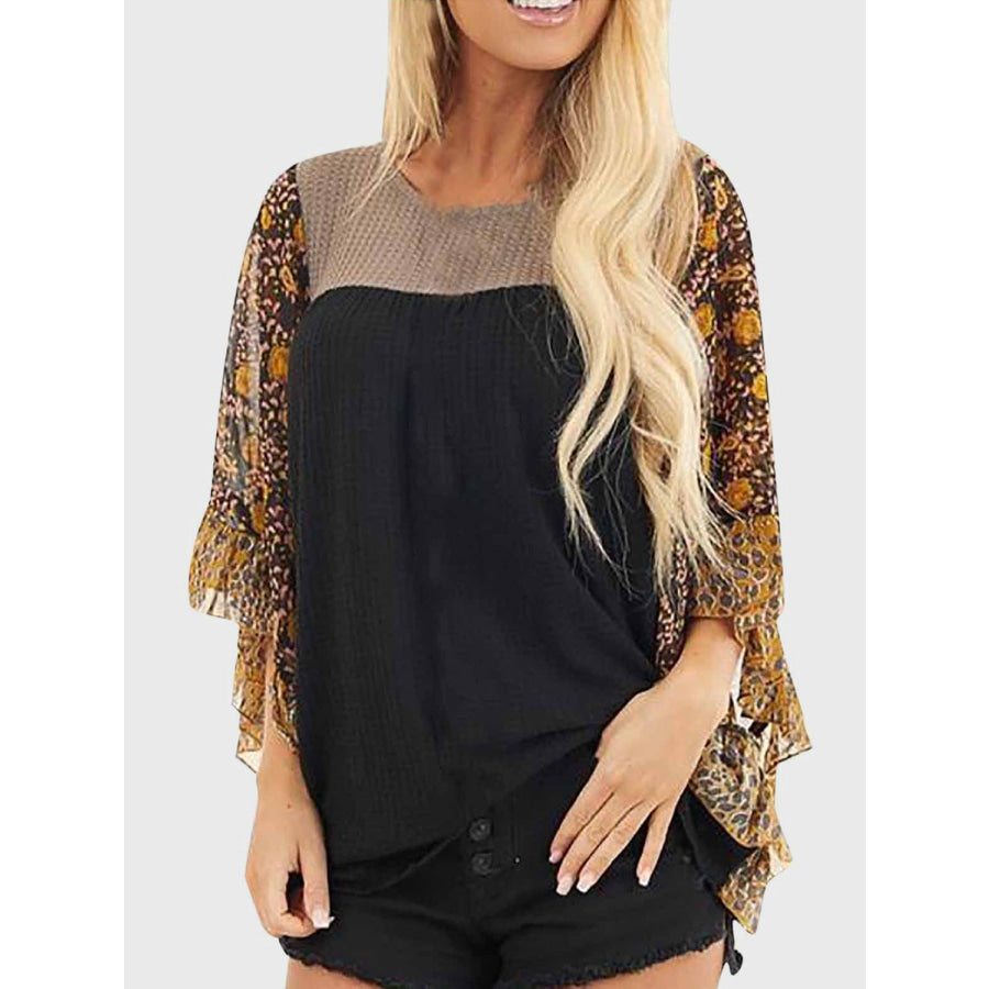 Full Size Printed Round Neck Three-Quarter Sleeve Blouse Black / S Apparel and Accessories