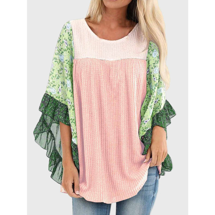 Full Size Printed Round Neck Three-Quarter Sleeve Blouse Blush Pink / S Apparel and Accessories