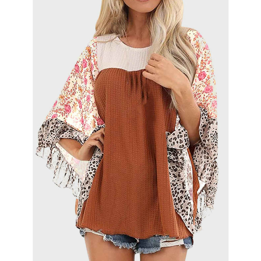 Full Size Printed Round Neck Three-Quarter Sleeve Blouse Caramel / S Apparel and Accessories