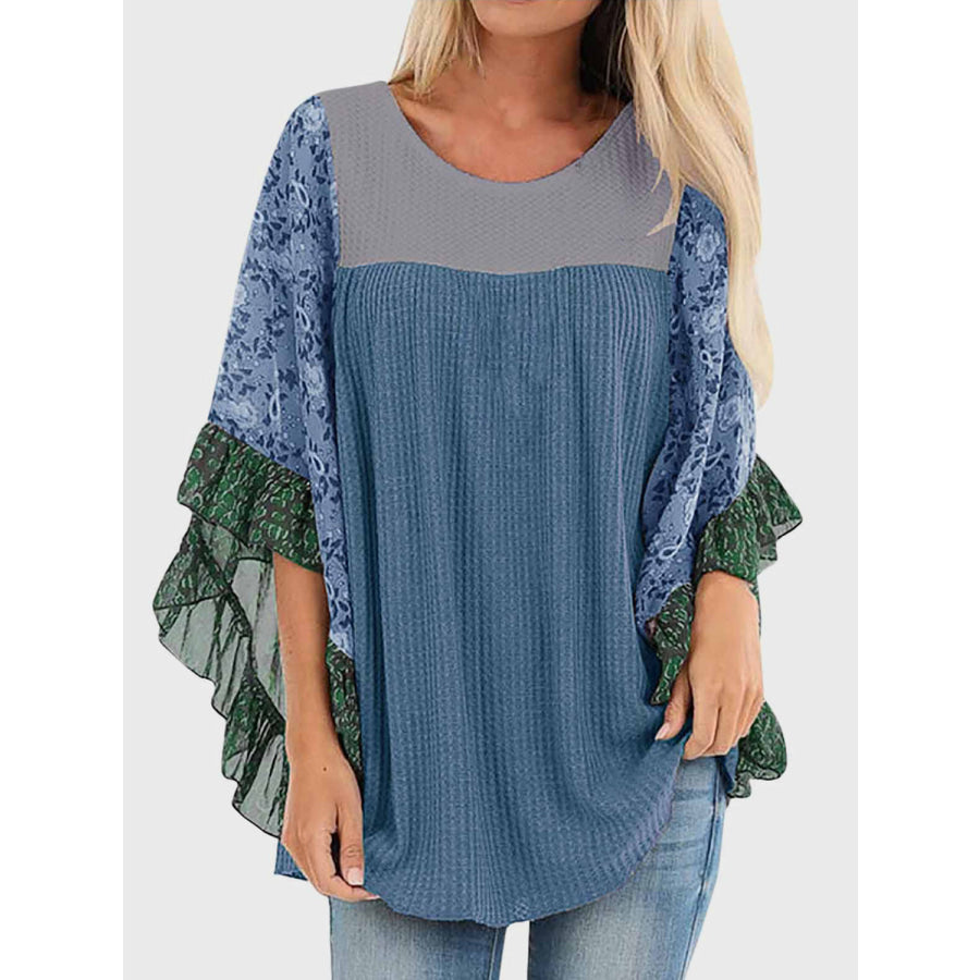 Full Size Printed Round Neck Three-Quarter Sleeve Blouse Dusty Blue / S Apparel and Accessories