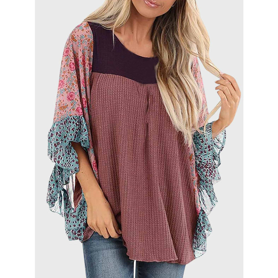 Full Size Printed Round Neck Three-Quarter Sleeve Blouse Dusty Pink / S Apparel and Accessories