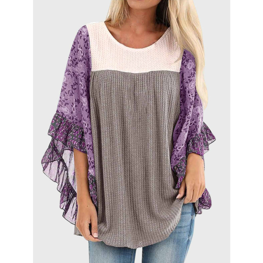 Full Size Printed Round Neck Three-Quarter Sleeve Blouse Mauve / S Apparel and Accessories