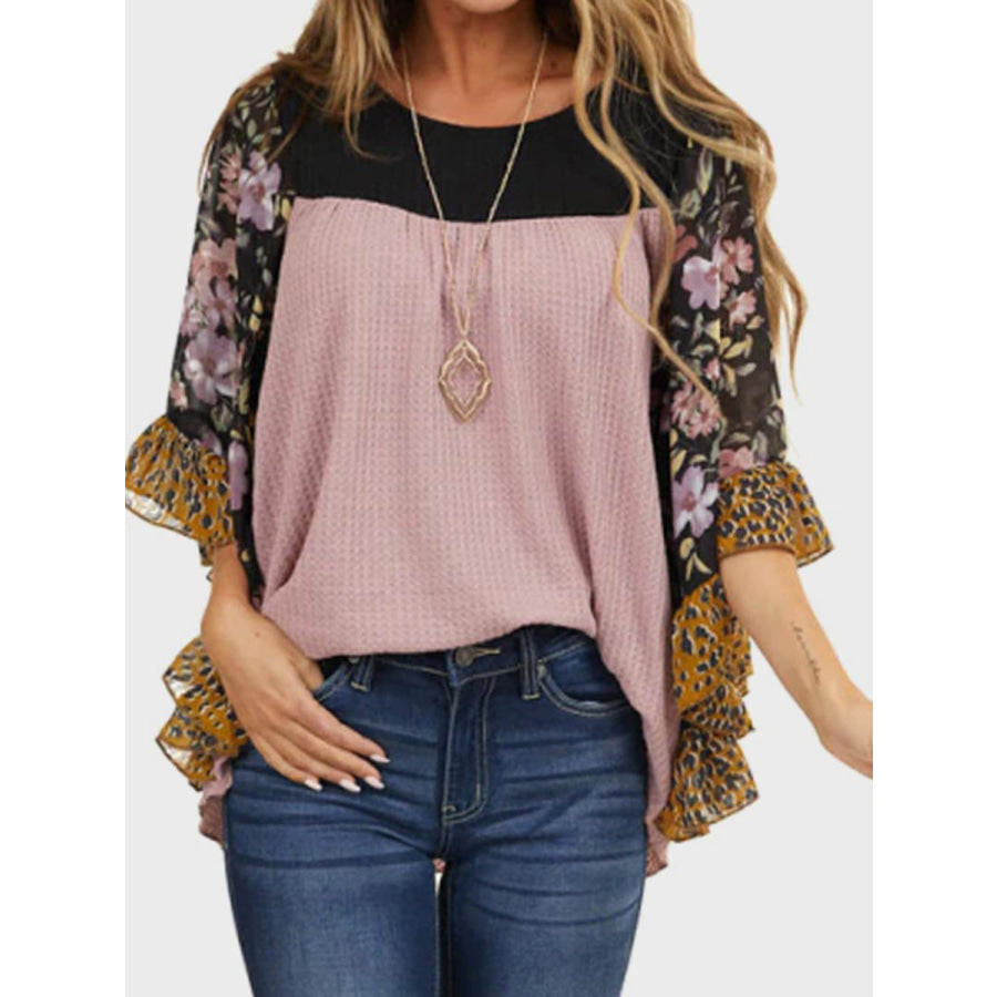 Full Size Printed Round Neck Three-Quarter Sleeve Blouse Moonlit Mauve / S Apparel and Accessories