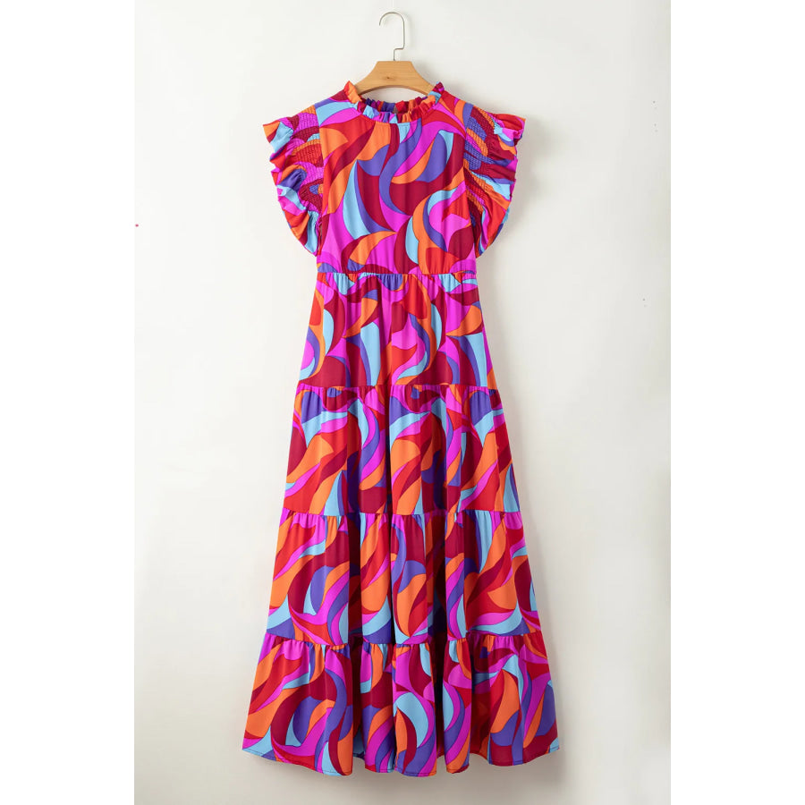 Full Size Printed Ruffled Mock Neck Tiered Dress Apparel and Accessories