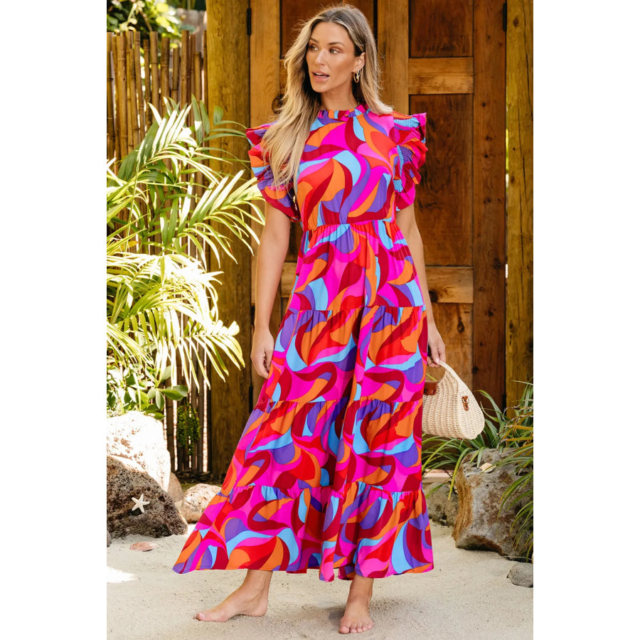 Full Size Printed Ruffled Mock Neck Tiered Dress Apparel and Accessories