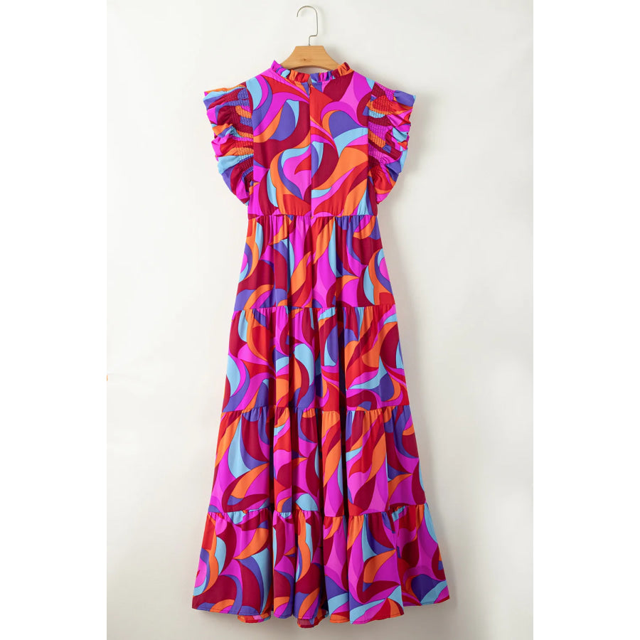 Full Size Printed Ruffled Mock Neck Tiered Dress Apparel and Accessories