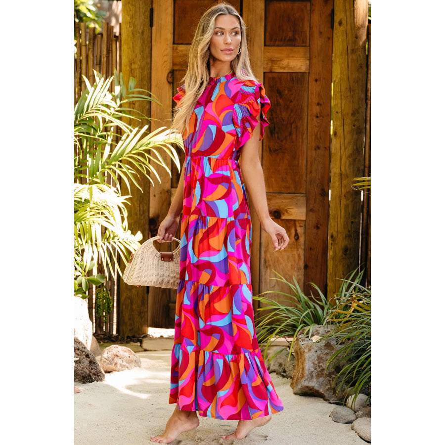 Full Size Printed Ruffled Mock Neck Tiered Dress Apparel and Accessories