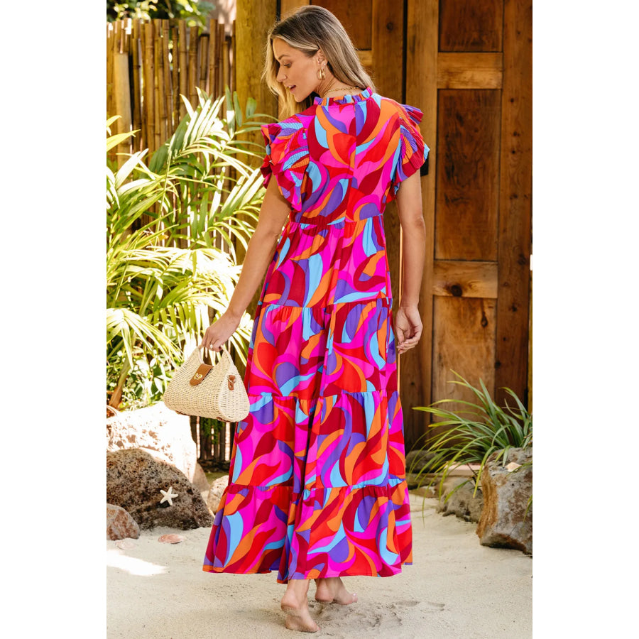 Full Size Printed Ruffled Mock Neck Tiered Dress Apparel and Accessories