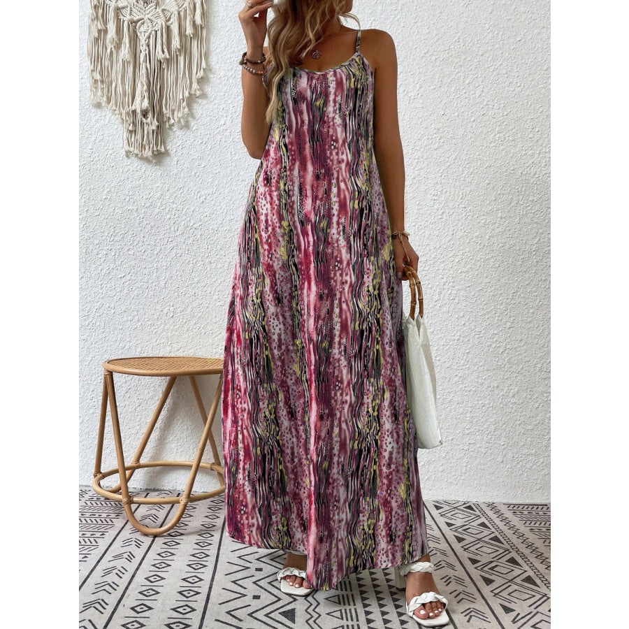 Full Size Printed Scoop Neck Maxi Cami Dress Burgundy / S Apparel and Accessories