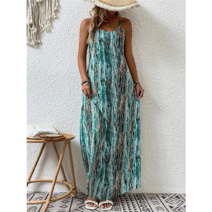 Full Size Printed Scoop Neck Maxi Cami Dress Turquoise / S Apparel and Accessories