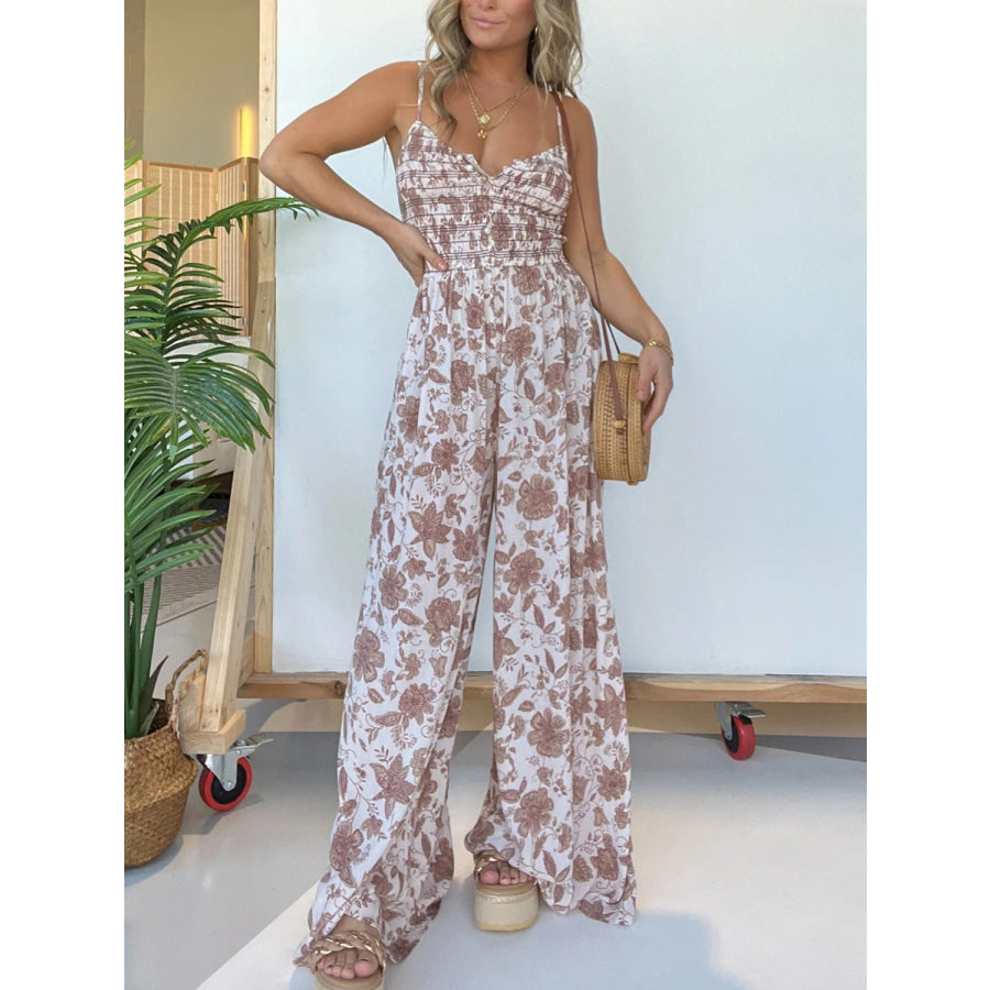 Full Size Printed Spaghetti Strap Wide Leg Jumpsuit Mocha / S Apparel and Accessories