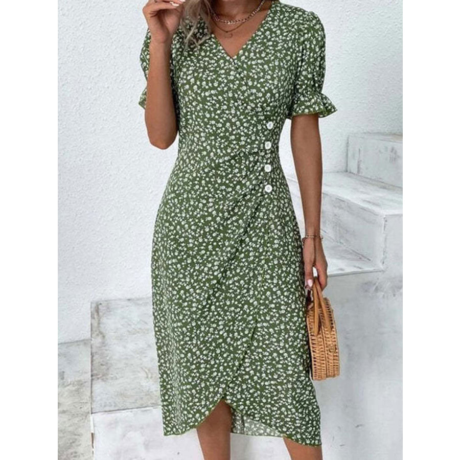 Full Size Printed Surplice Flounce Sleeve Midi Dress Apparel and Accessories