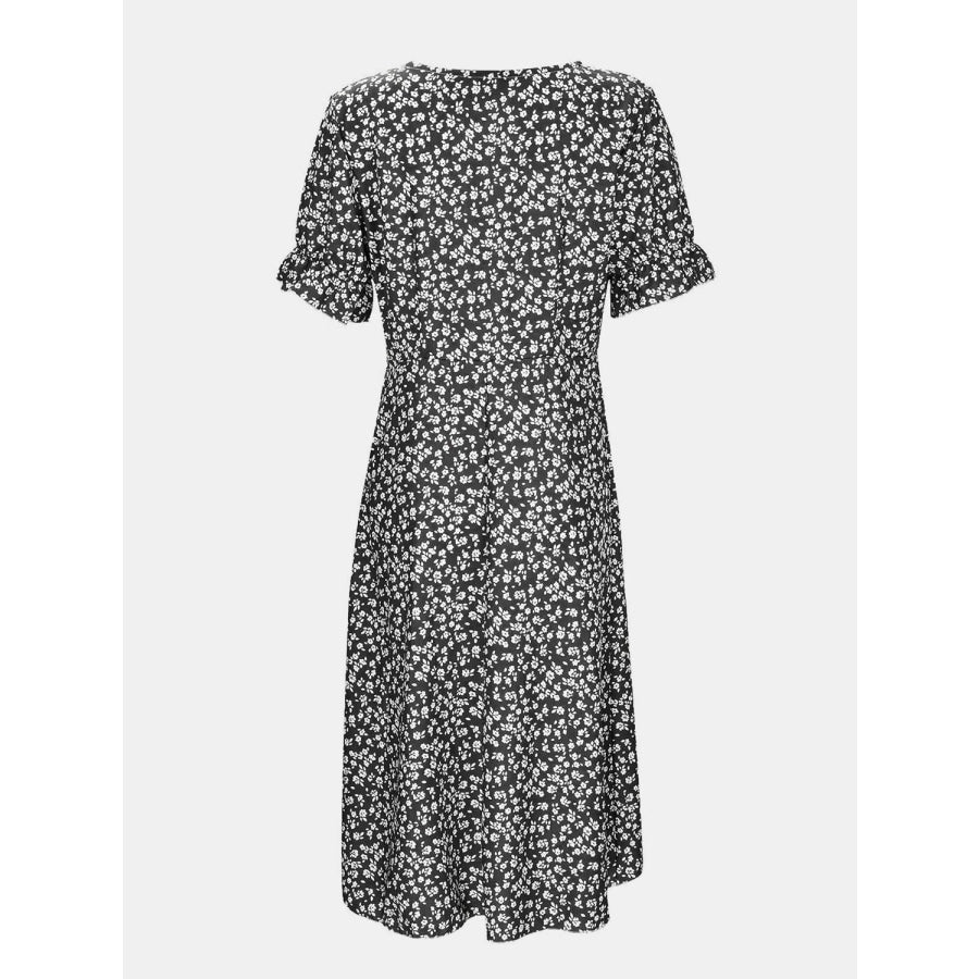 Full Size Printed Surplice Flounce Sleeve Midi Dress Apparel and Accessories