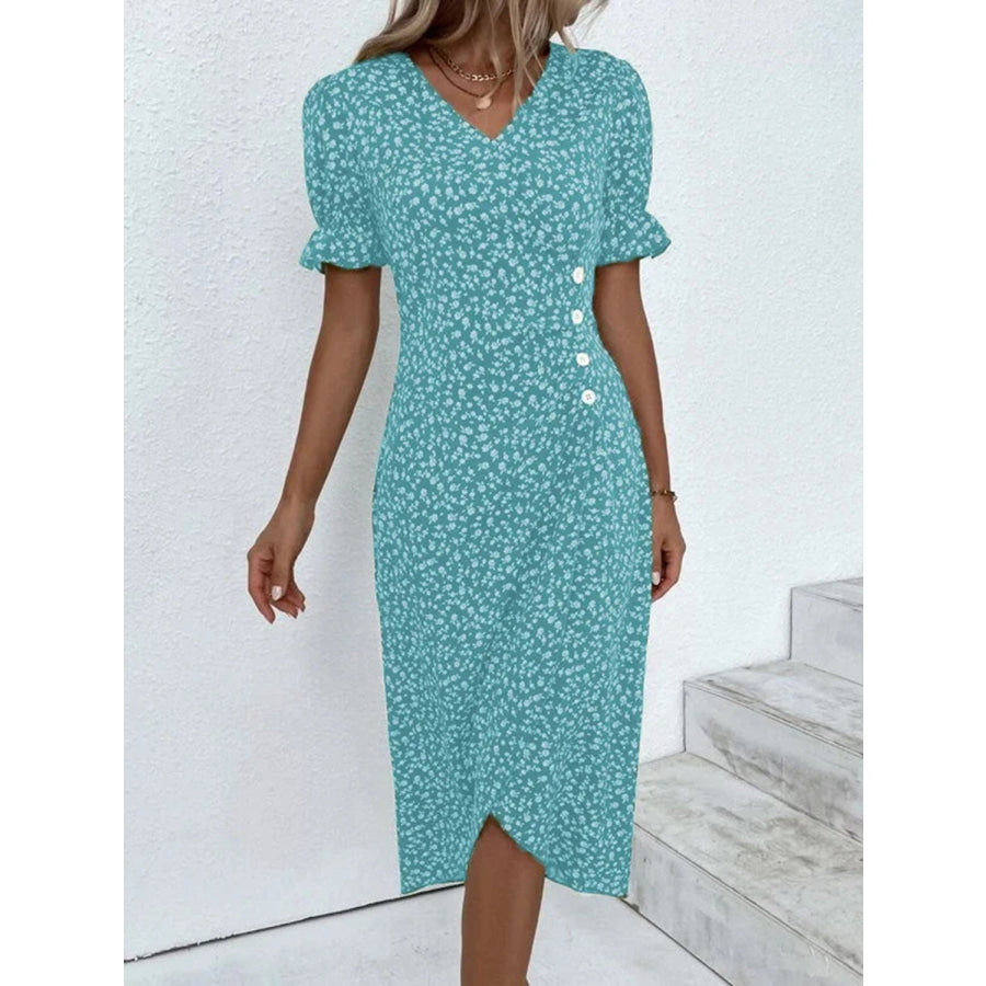 Full Size Printed Surplice Flounce Sleeve Midi Dress Aqua / S Apparel and Accessories