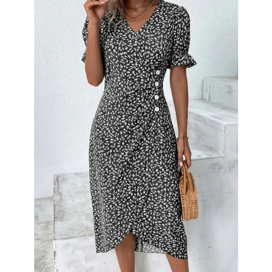 Full Size Printed Surplice Flounce Sleeve Midi Dress Black / S Apparel and Accessories