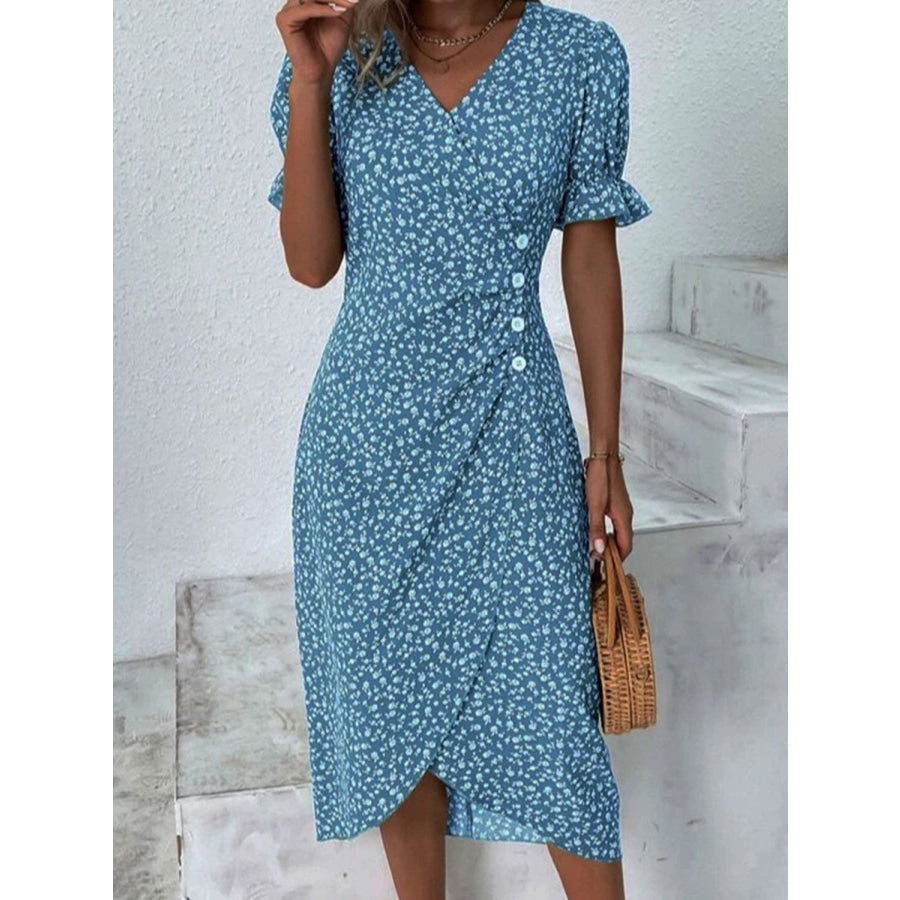 Full Size Printed Surplice Flounce Sleeve Midi Dress Cerulean / S Apparel and Accessories