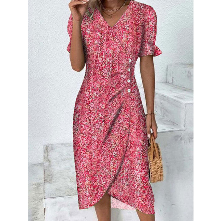 Full Size Printed Surplice Flounce Sleeve Midi Dress Deep Rose / S Apparel and Accessories