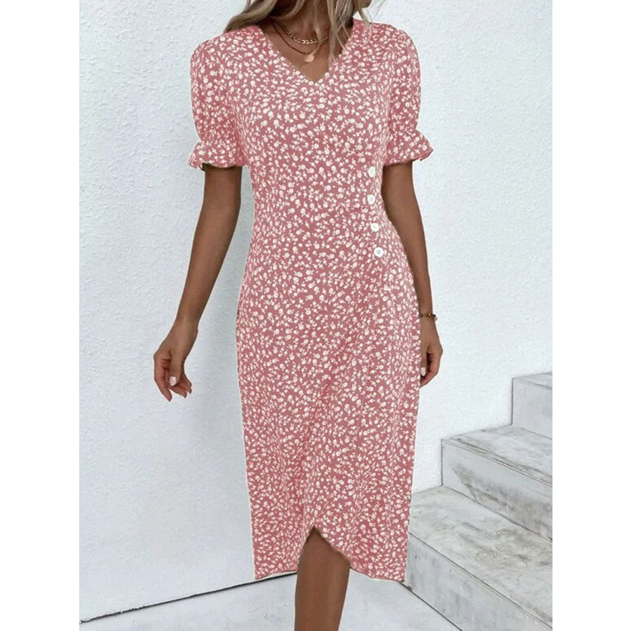 Full Size Printed Surplice Flounce Sleeve Midi Dress Dusty Pink / S Apparel and Accessories