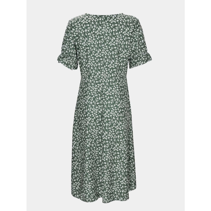 Full Size Printed Surplice Flounce Sleeve Midi Dress Green / S Apparel and Accessories