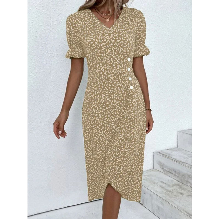 Full Size Printed Surplice Flounce Sleeve Midi Dress Tan / S Apparel and Accessories