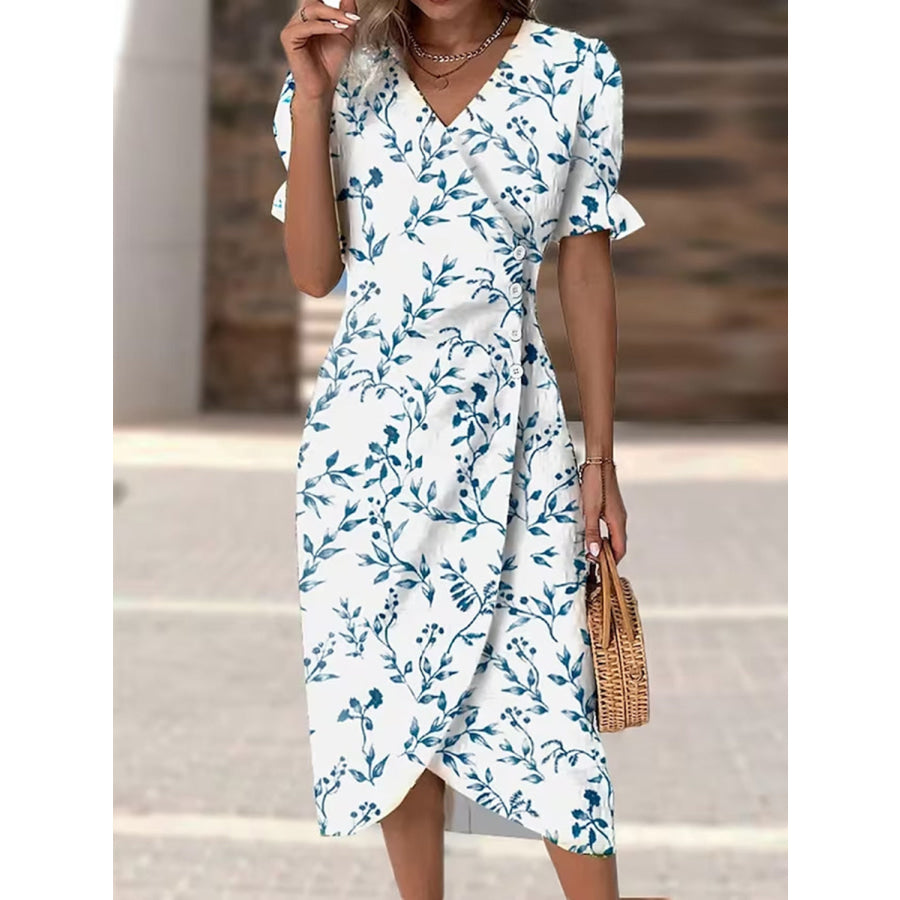 Full Size Printed Surplice Flounce Sleeve Midi Dress White / S Apparel and Accessories