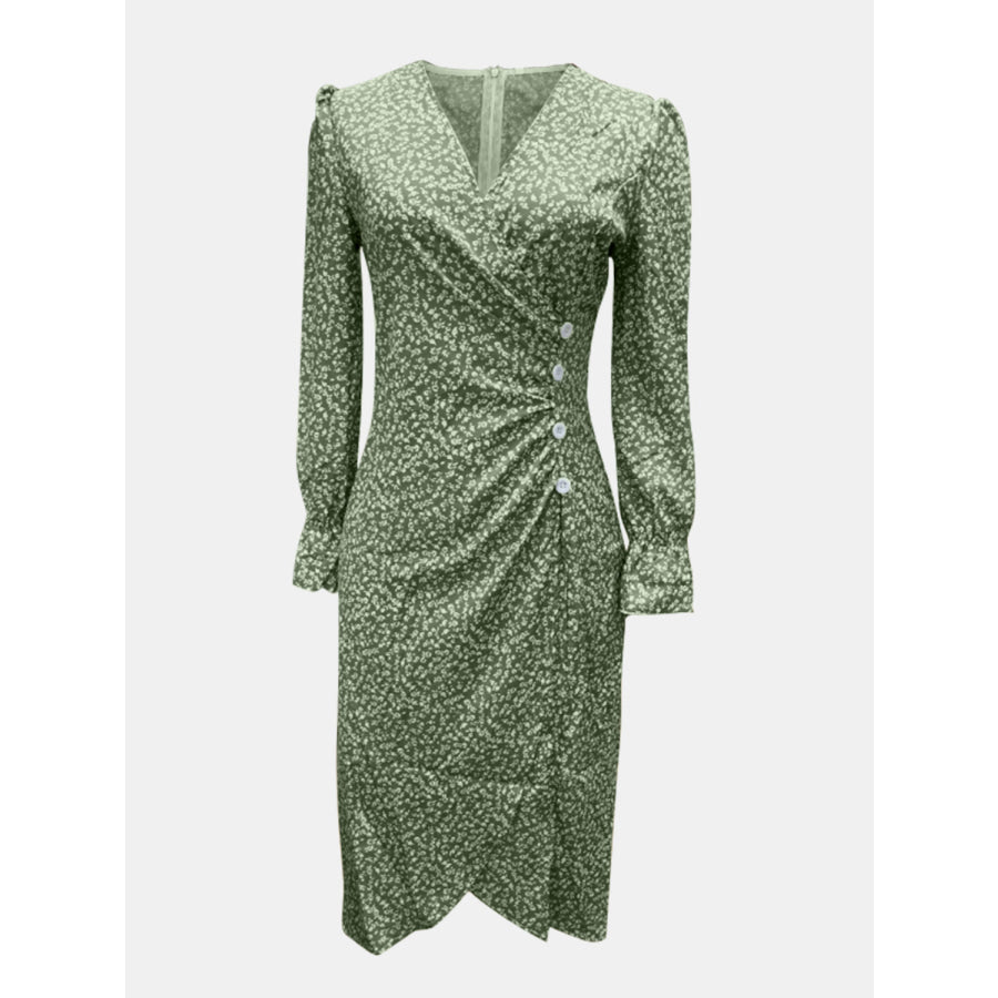 Full Size Printed Surplice Long Sleeve Midi Dress Green / S Apparel and Accessories