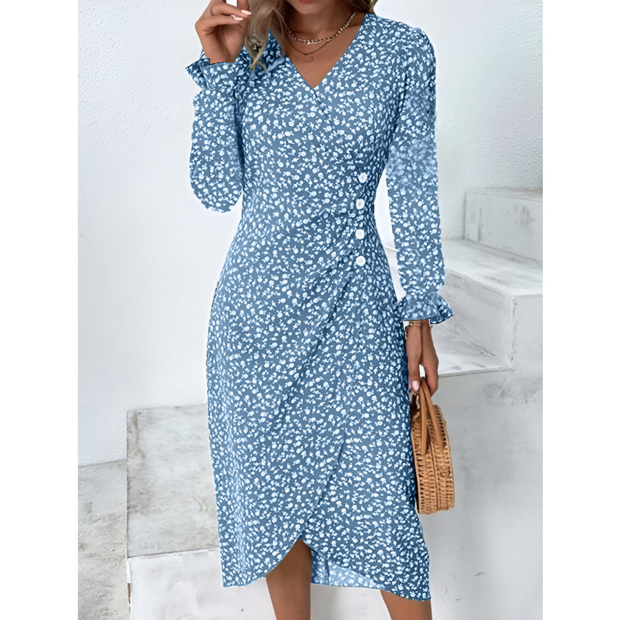 Full Size Printed Surplice Long Sleeve Midi Dress Blue / S Apparel and Accessories