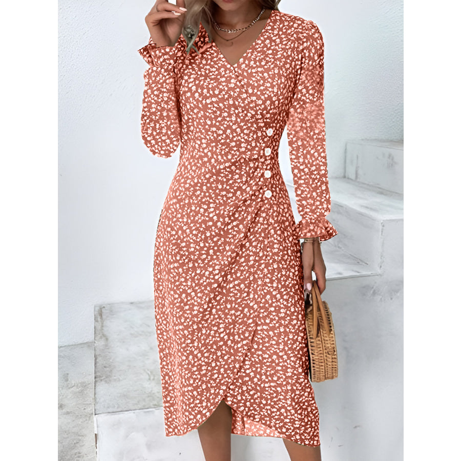 Full Size Printed Surplice Long Sleeve Midi Dress Burnt Coral / S Apparel and Accessories