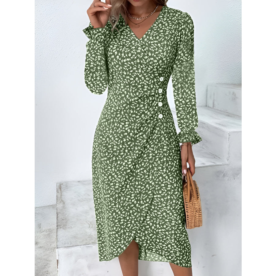 Full Size Printed Surplice Long Sleeve Midi Dress Green / S Apparel and Accessories