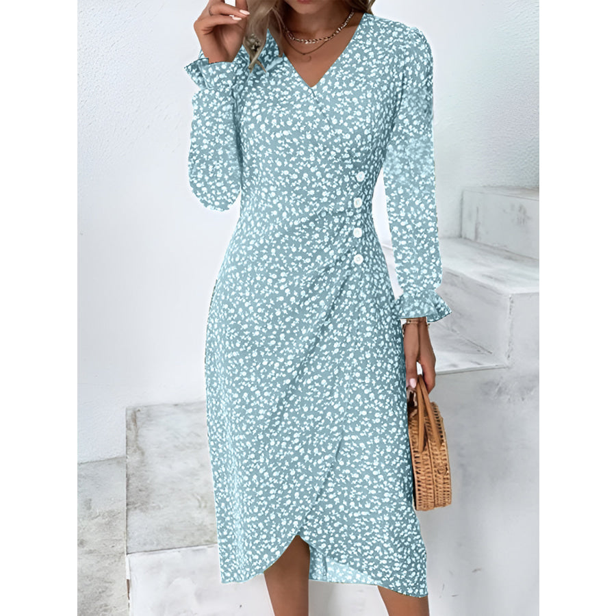 Full Size Printed Surplice Long Sleeve Midi Dress Mint Blue / S Apparel and Accessories