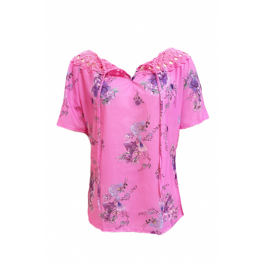 Full Size Printed Tie Neck Short Sleeve Blouse Apparel and Accessories