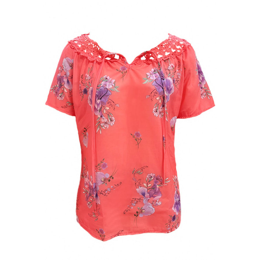 Full Size Printed Tie Neck Short Sleeve Blouse Apparel and Accessories