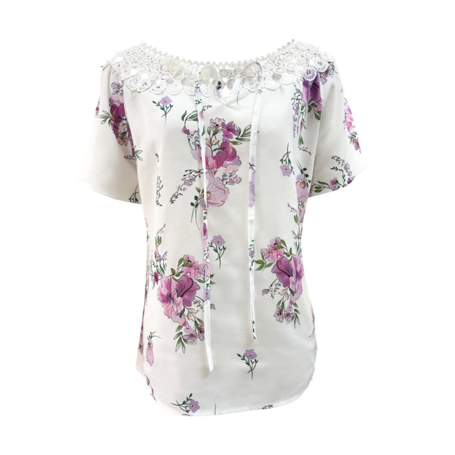 Full Size Printed Tie Neck Short Sleeve Blouse Apparel and Accessories