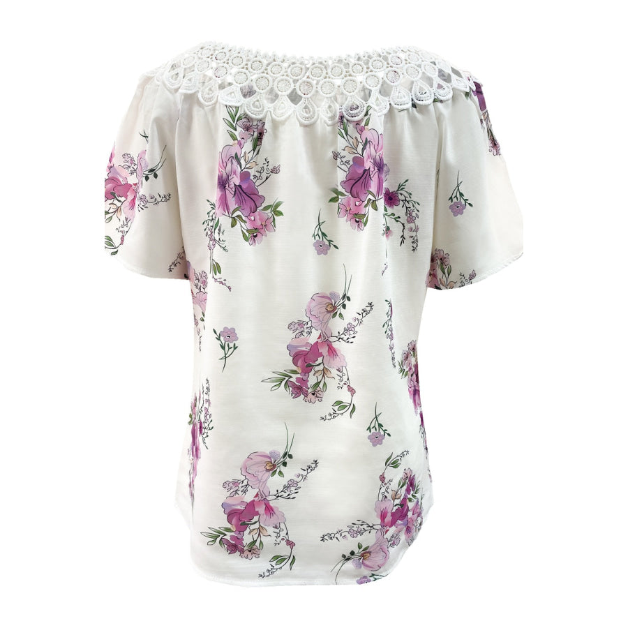 Full Size Printed Tie Neck Short Sleeve Blouse Apparel and Accessories