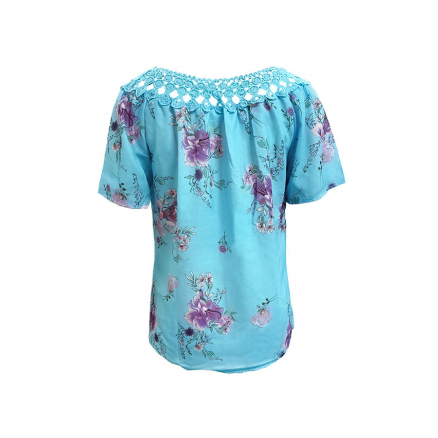 Full Size Printed Tie Neck Short Sleeve Blouse Apparel and Accessories