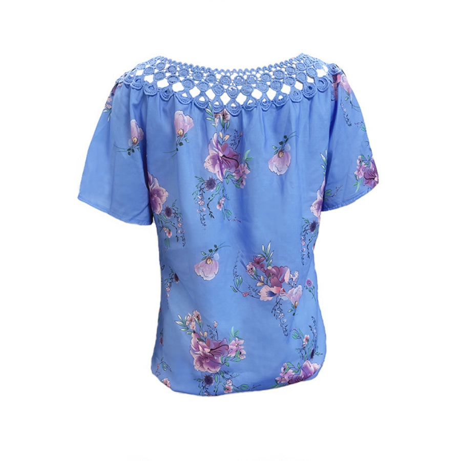 Full Size Printed Tie Neck Short Sleeve Blouse Apparel and Accessories