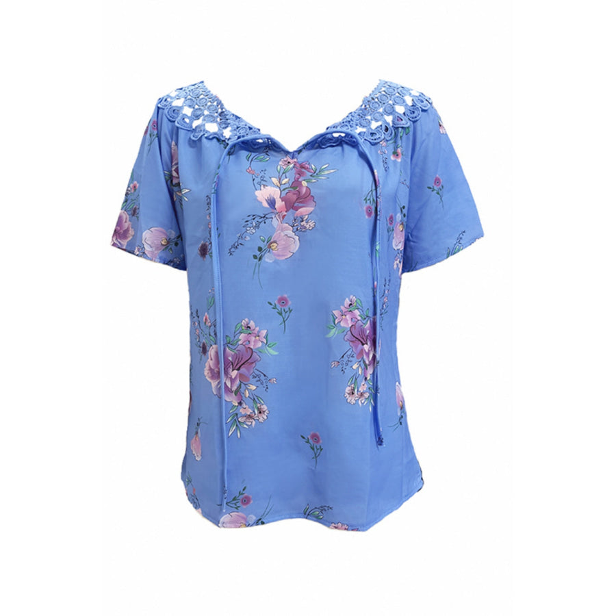 Full Size Printed Tie Neck Short Sleeve Blouse Apparel and Accessories