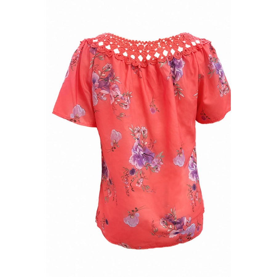 Full Size Printed Tie Neck Short Sleeve Blouse Apparel and Accessories