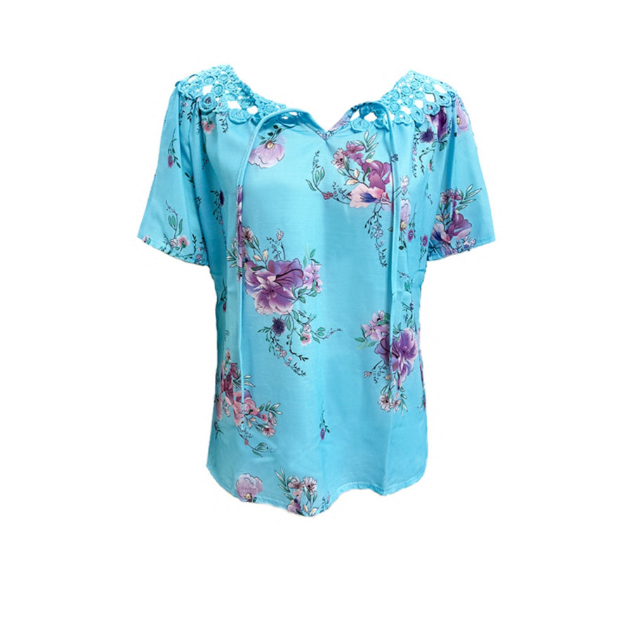 Full Size Printed Tie Neck Short Sleeve Blouse Apparel and Accessories