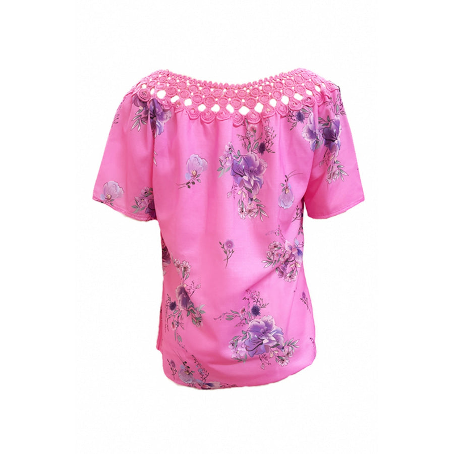 Full Size Printed Tie Neck Short Sleeve Blouse Apparel and Accessories