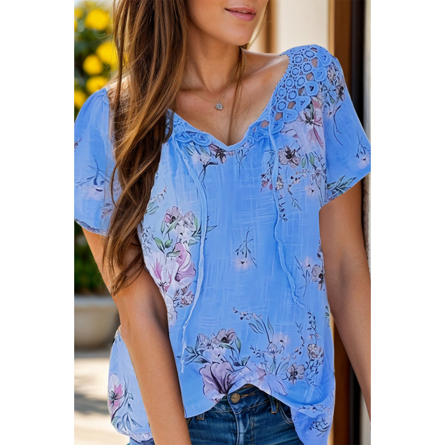 Full Size Printed Tie Neck Short Sleeve Blouse Blue / S Apparel and Accessories