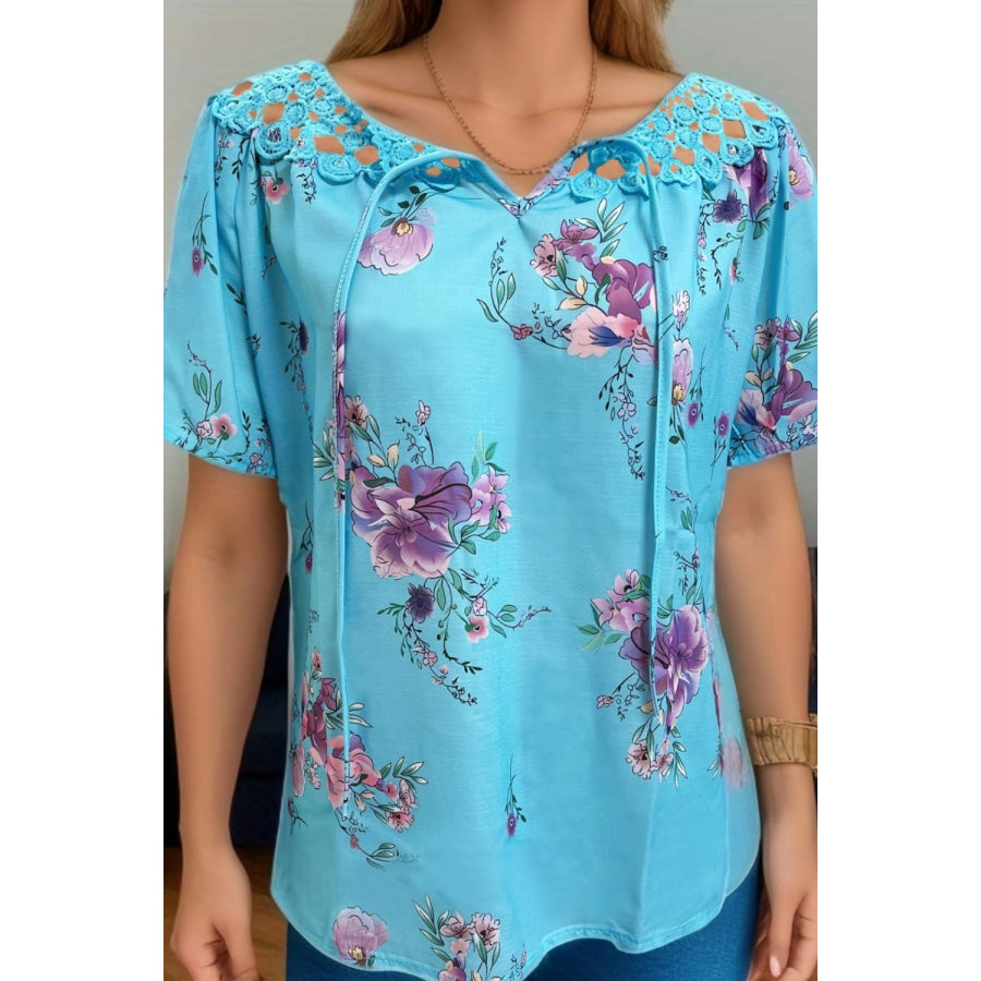 Full Size Printed Tie Neck Short Sleeve Blouse Pastel Blue / S Apparel and Accessories