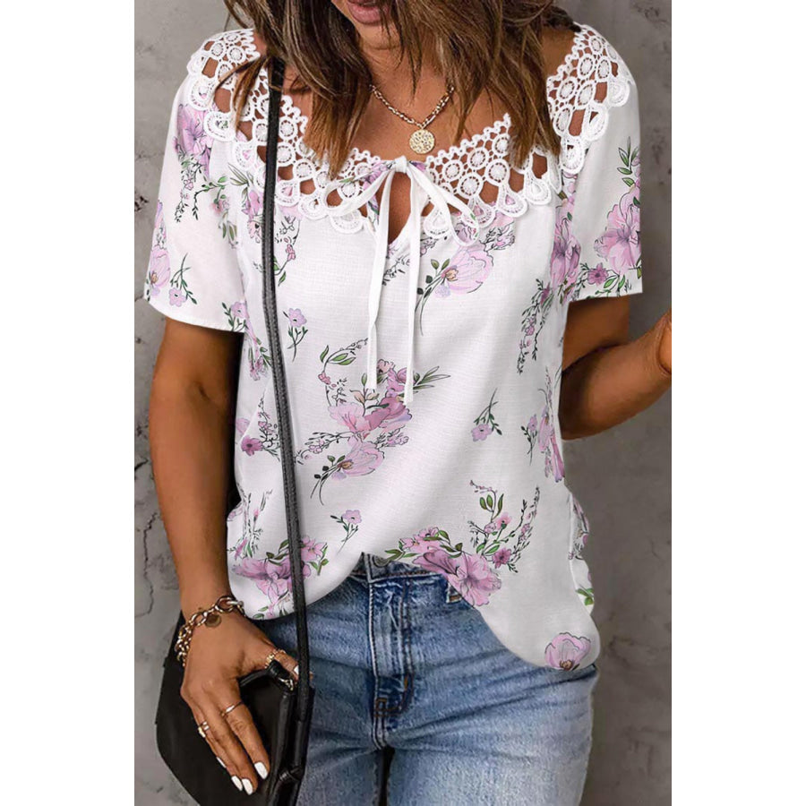 Full Size Printed Tie Neck Short Sleeve Blouse White / S Apparel and Accessories