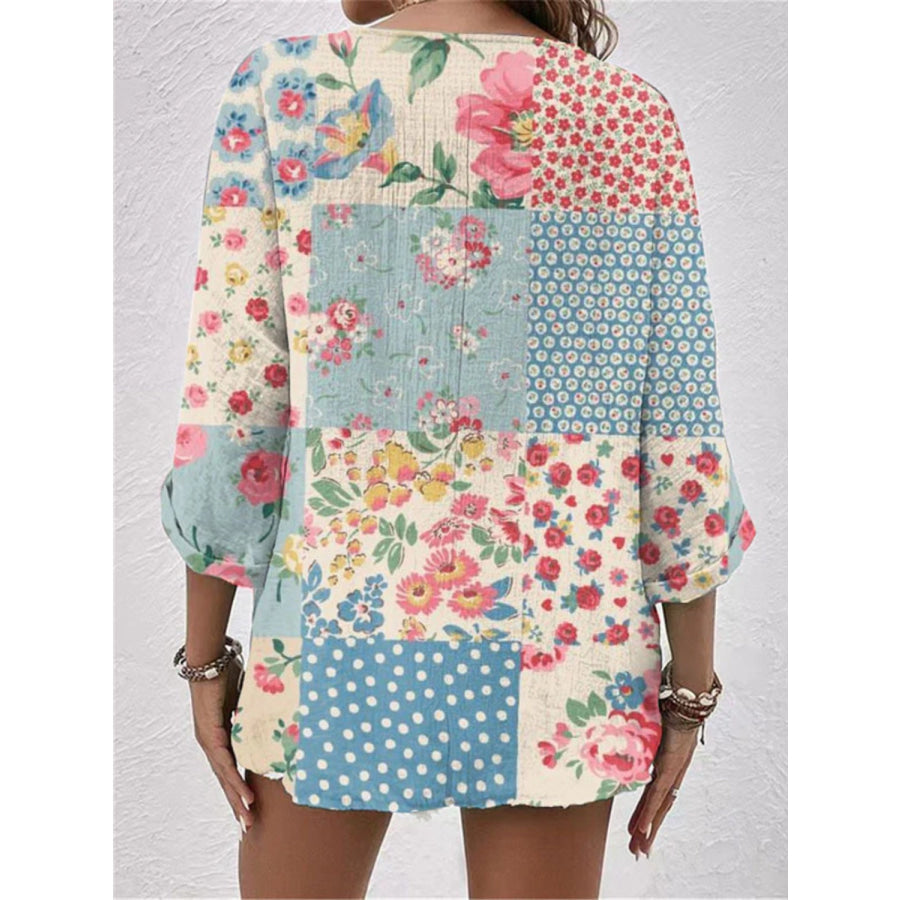 Full Size Printed V-Neck Blouse Light Blue / S Apparel and Accessories