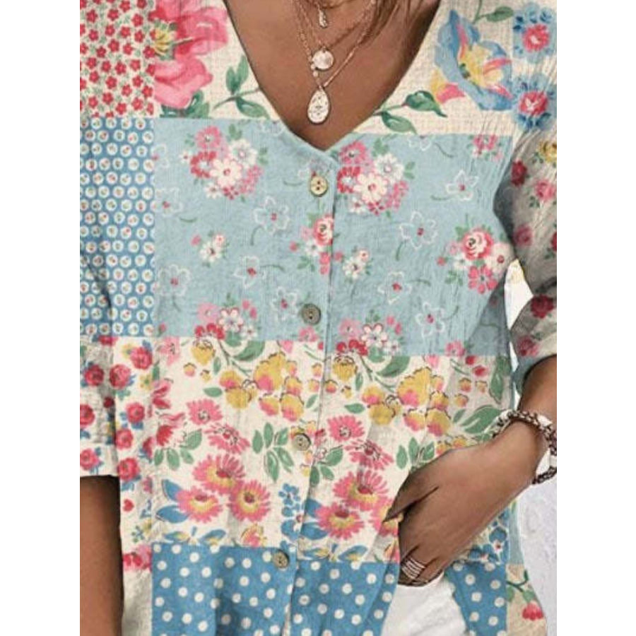 Full Size Printed V-Neck Blouse Apparel and Accessories