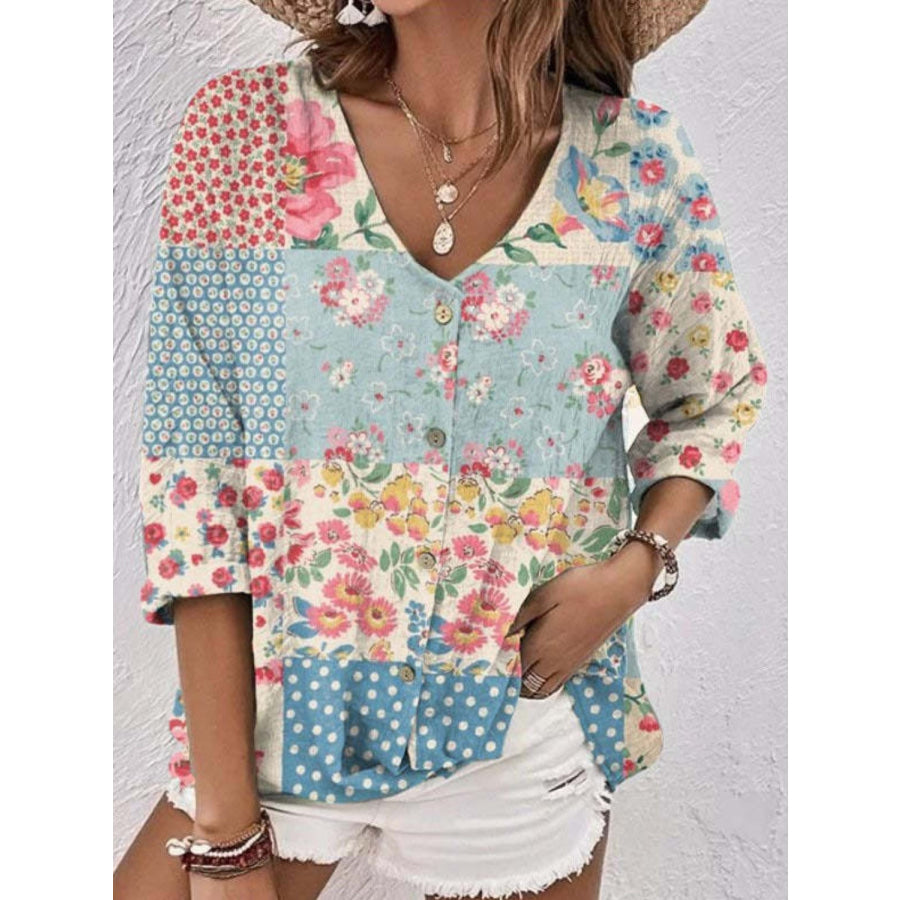 Full Size Printed V-Neck Blouse Light Blue / S Apparel and Accessories