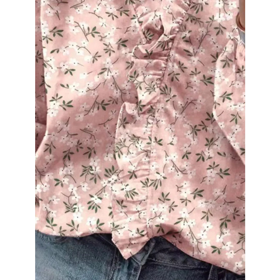 Full Size Printed V-Neck Blouse with Ruffled Plus Apparel and Accessories