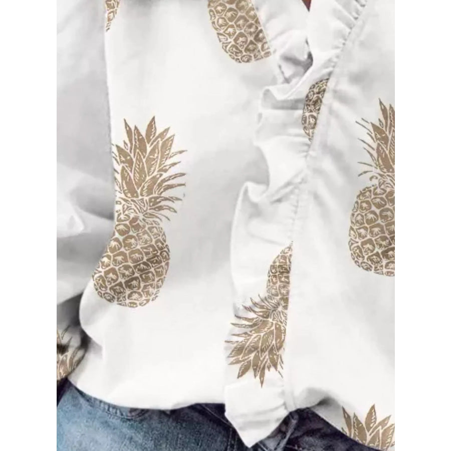 Full Size Printed V-Neck Blouse with Ruffled Plus Apparel and Accessories