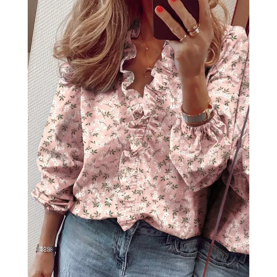 Full Size Printed V-Neck Blouse with Ruffled Plus Floral / S Apparel and Accessories