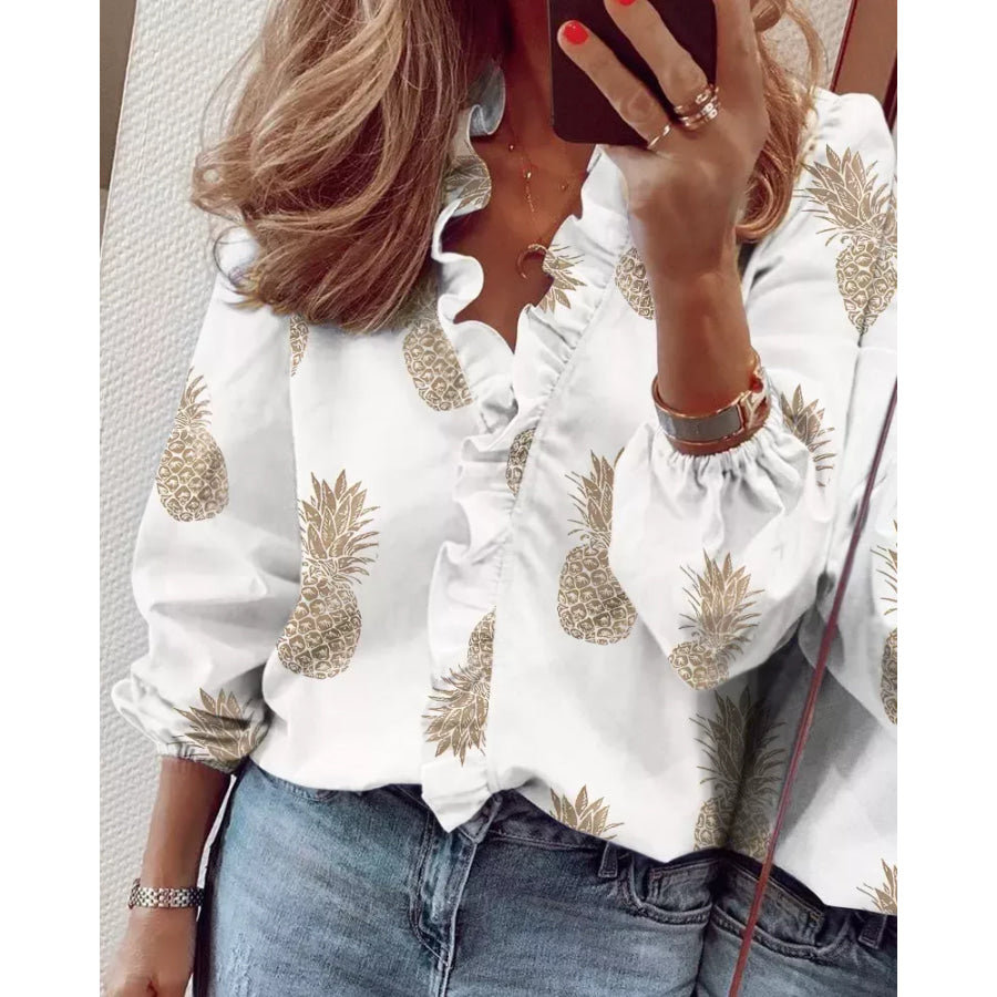 Full Size Printed V-Neck Blouse with Ruffled Plus Tan / S Apparel and Accessories